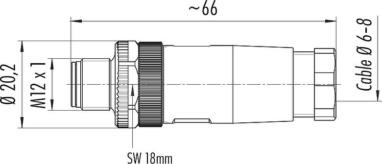 Schaaltekening M12 Kabelstekker, aantal polen: 3+PE, 6,0-8,0 mm, onafgeschermd, schroefklem, IP67, UL 2238, VDE