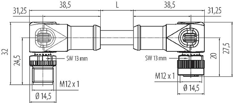 Scale drawing M12 Connecting cable male angled connector - female angled connector, Contacts: 5, shielded, moulded on the cable, IP68, UL 2238, CAN-Bus, PUR, violet, 1 x 2 x AWG 22 + 1 x 2 x AWG 24, 2 m