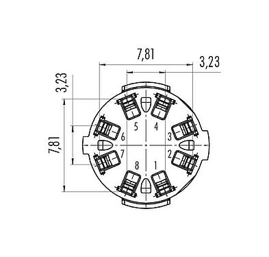 Polbild (Steckseite) Bajonett Flanschdose, Polzahl: 8, ungeschirmt, löten, IP67 (auch ungesteckt), M13x1,0, Rückwandmontage