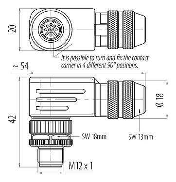 比例圖 M12 彎角針頭電纜連接器, : 4, 6.0-8.0mm, 可接遮罩, 螺釘接線, IP67, UL 2238, 附防護環
