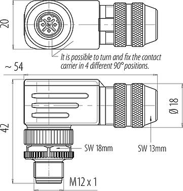 縮尺図 M12 オスアングルコネクタ, 極数: 4, 6.0-8.0mm, シールド可能, ねじ圧着, IP67, UL 2238, シールドリング付き