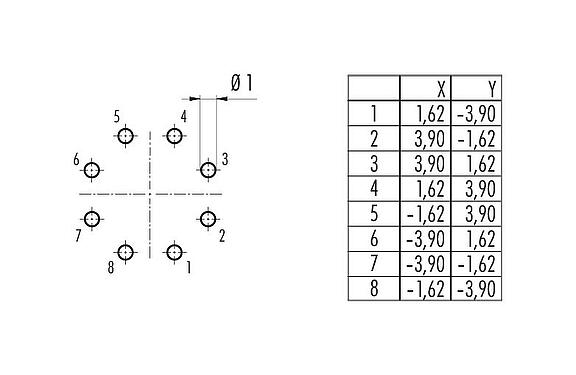 Leiterplattenlayout Bajonett Flanschdose, Polzahl: 8, ungeschirmt, THT, IP67, M13x1,0, Frontmontage
