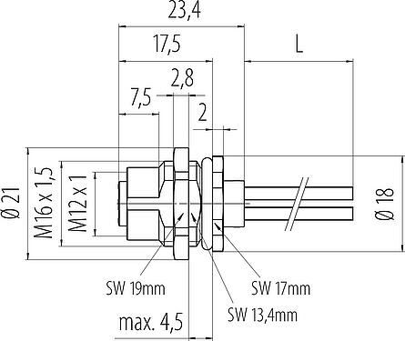 Scale drawing M12 Female panel mount connector, Contacts: 4, unshielded, single wires, IP68, M16x1.5, Rear mounting