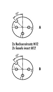 Polbild (Steckseite) M12 Zweifachverteiler, Y-Verteiler, Stecker - 2 Dosen, Polzahl: 4, ungeschirmt, am Kabel angespritzt, IP68, UL 2238, PUR, schwarz, 4 x 0,25 mm², mit LED PNP, 2 m