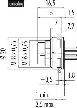 Maßzeichnung M16 Flanschstecker, Polzahl: 12 (12-a), ungeschirmt, THT, IP67, M18x0,75, Rückwandmontage