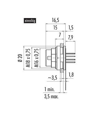 Maßzeichnung M16 Flanschstecker, Polzahl: 12 (12-a), ungeschirmt, THT, IP67, M18x0,75, Rückwandmontage
