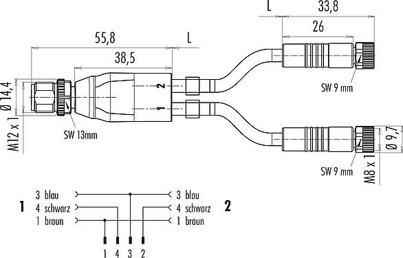 Maßzeichnung M12/M8 Kabelsplitter Kabelstecker - 2 Kabeldosen, Polzahl: 4/3, ungeschirmt, am Kabel angespritzt, IP67, UL 2238, PUR, schwarz, 3 x 0,34 mm², 2 m