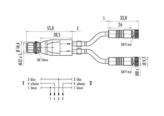 Maßzeichnung M12/M8 Kabelsplitter Kabelstecker - 2 Kabeldosen, Polzahl: 4/3, ungeschirmt, am Kabel angespritzt, IP67, UL 2238, PUR, schwarz, 3 x 0,34 mm², 1 m