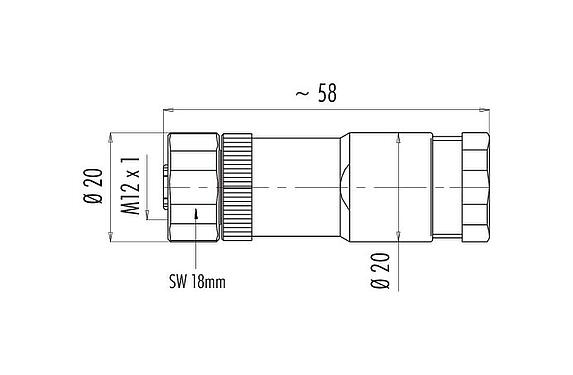 Maßzeichnung M12 Duo-Kabeldose, Polzahl: 4, 2.1-3.0 mm (2 Kabel) oder 4-5 mm (2 Kabel), ungeschirmt, schraubklemm, IP67, UL 2238