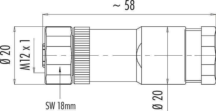 Disegno in scala M12 Connettore duo cavo femmina, Numero poli: 5, 2.1-3.0 mm (2 cavo) o 4-5 mm (2 cavo), non schermato, morsetto a vite, IP67, UL 2238