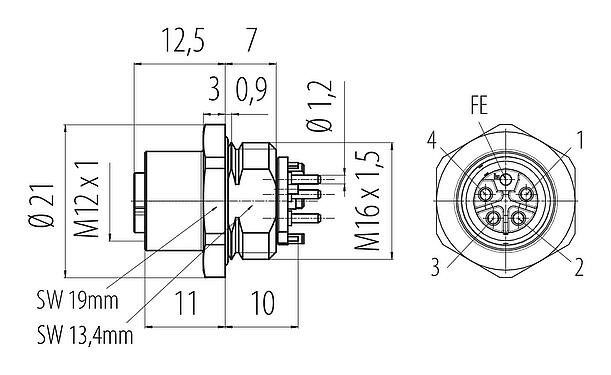 Schaaltekening M12 Female panel mount connector, aantal polen: 4+FE, onafgeschermd, THR, IP67, UL 2238, M16x1,5, Frontaansluiting