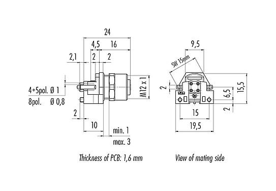 Méretarányos rajz M12 panelre szerelhető foglalat, : 4, árnyékolatlan, THR, IP68, UL 2238, M12x1,0, hátsó panel felszerelés, PCB szereléshez, kétrészes kialakítás