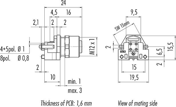 Dessin coté M12 Embase femelle, Contacts: 4, non blindé, THR, IP68, UL 2238, M12x1,0, Montage mural arrière, pour assemblage PCB, conception en deux parties