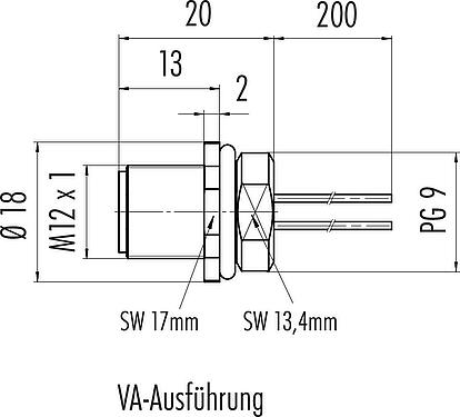 Maßzeichnung M12 Flanschstecker, Polzahl: 4, ungeschirmt, Litzen, IP68, UL 2238, PG 9, Frontmontage, Edelstahl, vergossen