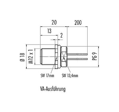 Maßzeichnung M12 Flanschstecker, Polzahl: 5, ungeschirmt, Litzen, IP68, UL 2238, PG 9, Frontmontage, Edelstahl, vergossen