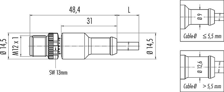 Scale drawing M12 Male cable connector, Contacts: 4, unshielded, moulded on the cable, IP68/IP69K, UL 2238, PVC, grey, 4 x 0.34 mm², 2 m