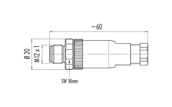 Maßzeichnung M12 Kabelstecker, Polzahl: 4, 4,0-6,0 mm, ungeschirmt, schraubklemm, IP67, UL 2238