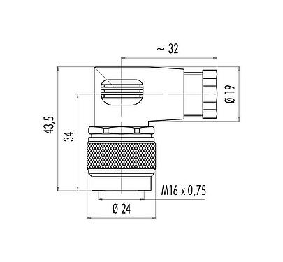 Scale drawing M16 Female angled connector, Contacts: 16, 6.0-8.0 mm, unshielded, solder, IP67