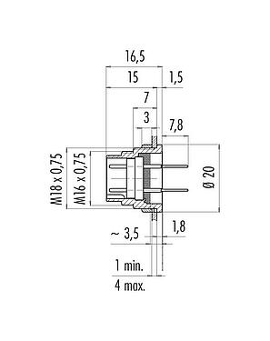 縮尺図 M16 オスパネルマウントコネクタ, 極数: 12 (12-a), 非シールド, THT, IP40, M18x0,75, 背面パネルマウント