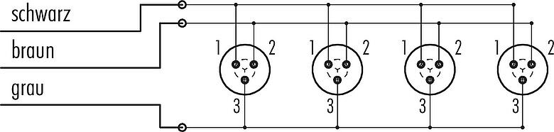 Belegungspläne Snap-In 4-fach-Verteiler, Polzahl: 3, ungeschirmt, am Kabel angespritzt, IP67, 3 x 0,75 mm²