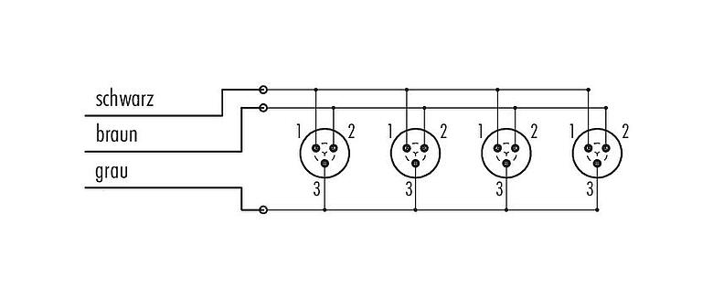 Belegungspläne Snap-In 4-fach-Verteiler, Polzahl: 3, ungeschirmt, am Kabel angespritzt, IP67, 3 x 0,75 mm²