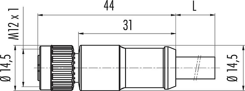 Desenho da escala M12 Tomada de cabo, Contatos: 2+7, moldado no cabo, IP67, PUR, preto, Power: 2 x 0,75 (AWG 18), Sinal: 7x 0,14 (AWG 26), 1,85 m