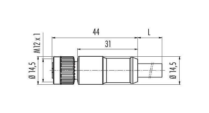 Maßzeichnung M12 Kabeldose, Polzahl: 2+7, am Kabel angespritzt, IP67, PUR, schwarz, Power: 2 x 0,75 (AWG 18), Signal: 7 x 0,14 (AWG 26), 1,85 m