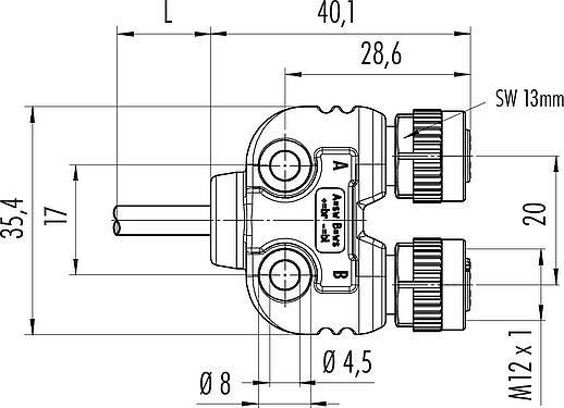 Maßzeichnung M12 Zweifachverteiler, Y-Verteiler, Stecker - 2 Dosen, Polzahl: 4, ungeschirmt, am Kabel angespritzt, IP68, UL 2238, PUR, schwarz, 4 x 0,25 mm², mit LED PNP, 2 m