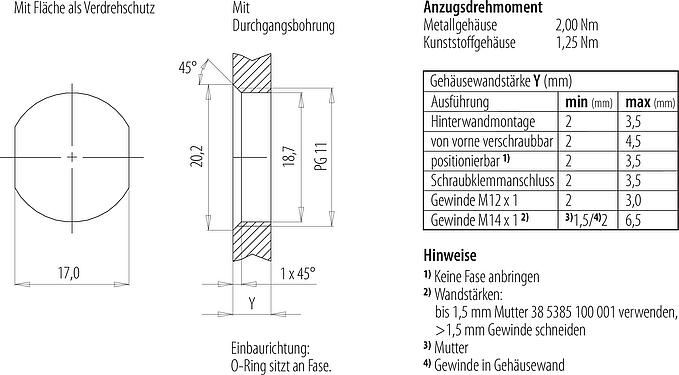 Montageanleitung / Montageausschnitt M12 Flanschstecker, Polzahl: 4, ungeschirmt, löten, IP67, PG 11, Frontmontage
