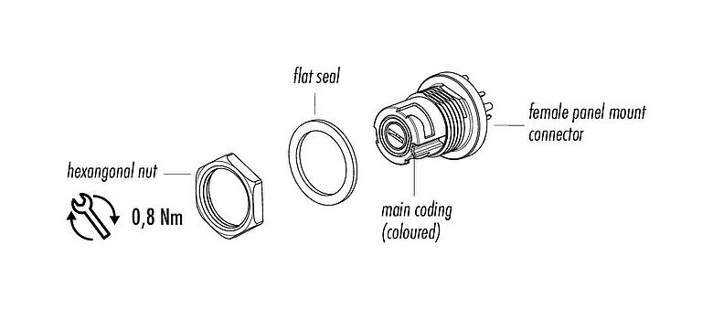 Assembly instructions Bayonet Female panel mount connector, Contacts: 5, unshielded, THT, IP54 unplugged, M13x1,0, Rear mounting