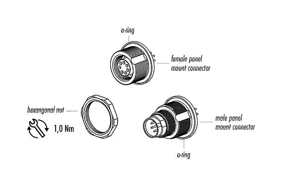 Component part drawing M9 Female panel mount connector, Contacts: 5, unshielded, THT, IP67, M12x0.5, Rear mounting