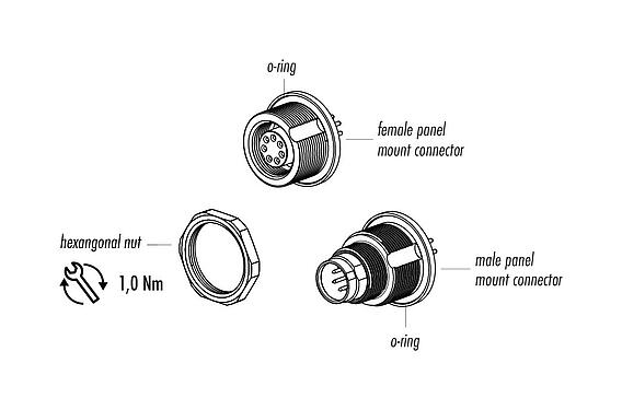 Component part drawing 09 0412 90 04 - M9 Female panel mount connector, Contacts: 4, unshielded, THT, IP67, front fastened