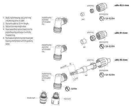 Assembly instructions Snap-In Male angled connector, Contacts: 3, 2.5-4.0 mm, unshielded, solder, IP67