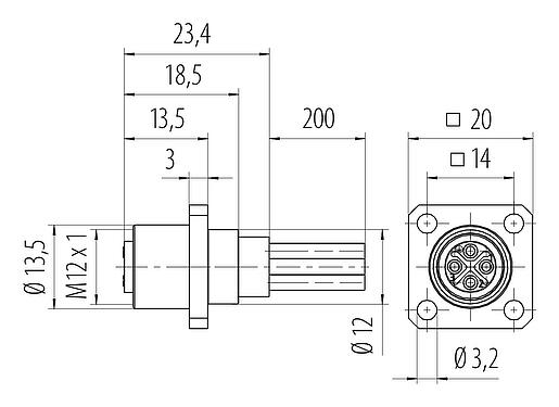 Dessin coté M12 Embase femelle, carré, Contacts: 4, non blindé, fils, IP40, UL 2238, M3 (4x), Montage frontal, coulé