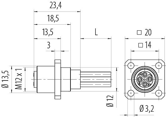 Dessin coté M12 Embase femelle, carré, Contacts: 4, non blindé, fils, IP40, UL 2238, M3 (4x), Montage frontal, coulé