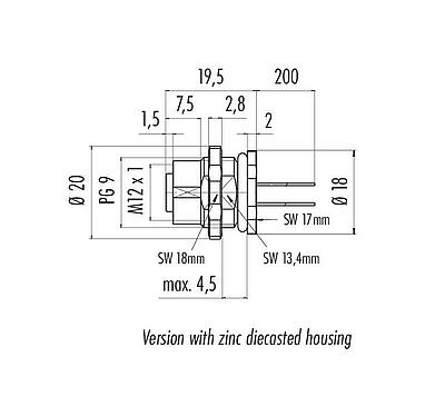 Scale drawing M12 Female panel mount connector, Contacts: 4, unshielded, single wires, IP68, UL 2238, PG 9, Rear mounting