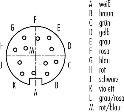 Polbild (Steckseite) M16 Kabeldose, Polzahl: 12 (12-a), ungeschirmt, am Kabel angespritzt, IP67, PUR, schwarz, 12 x 0,25 mm², 2 m