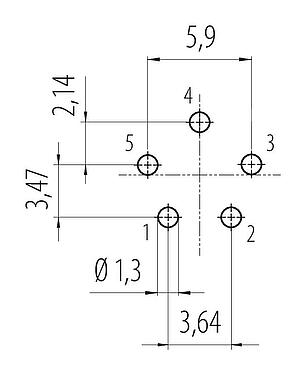 Leiterplattenlayout Snap-In Flanschstecker, Polzahl: 5, ungeschirmt, THT, IP67, M12x1,0, Frontmontage
