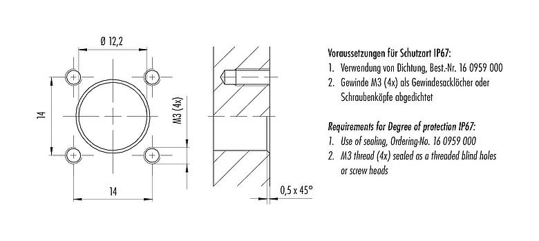 Instructions de montage / Découpe du panneau M12 Embase femelle, carré, Contacts: 4, non blindé, fils, IP40, UL 2238, M3 (4x), Montage frontal, coulé