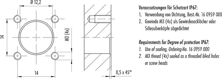 Lắp ráp mẫu M12 Phích cắm gắn bảng, bốn cạnh, Số lượng cực : 4, không có chống nhiễu, dây đơn, IP40, UL 2238, M3 (4x), Gắn phía trước, túp lều