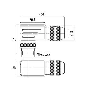Scale drawing M16 Male angled connector, Contacts: 2 (02-a), 6.0-8.0 mm, shieldable, solder, IP67, UL 2238