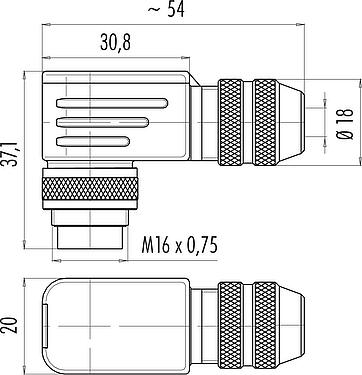 Rysunek z wymiarami M16 Męskie złącze kablowe kątowe, Kontaktów: 24, 6,0-8,0 mm, do ekranowania, lutowanie, IP67, UL 2238