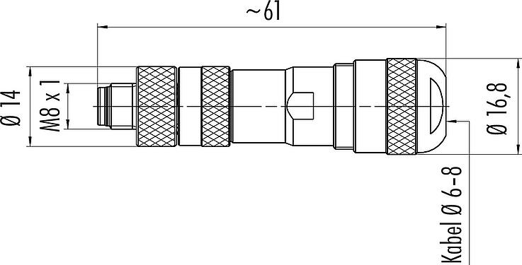 Maßzeichnung M8 Kabelstecker, Polzahl: 4, 6,0-8,0 mm, schirmbar, schraubklemm, IP67, UL 2238, mit Schirmring