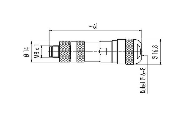 Maßzeichnung M8 Kabelstecker, Polzahl: 4, 6,0-8,0 mm, schirmbar, schraubklemm, IP67, UL 2238, mit Schirmring