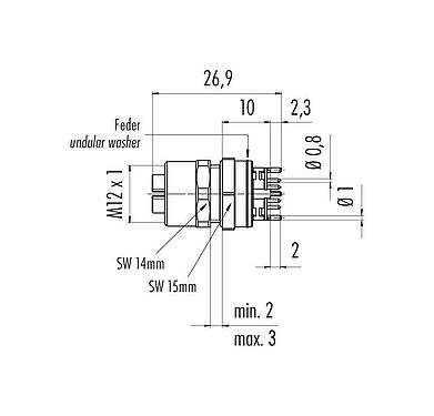 Maßzeichnung M12 Flanschdose, Polzahl: 8, schirmbar, THT, IP67, UL, M12x1,0, Frontmontage