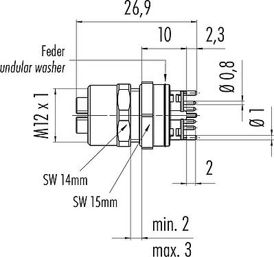 Méretarányos rajz M12 panelre szerelhető foglalat, : 8, árnyékolható, THT, IP67, UL, M12x1,0, elülső rögzítés, öntött