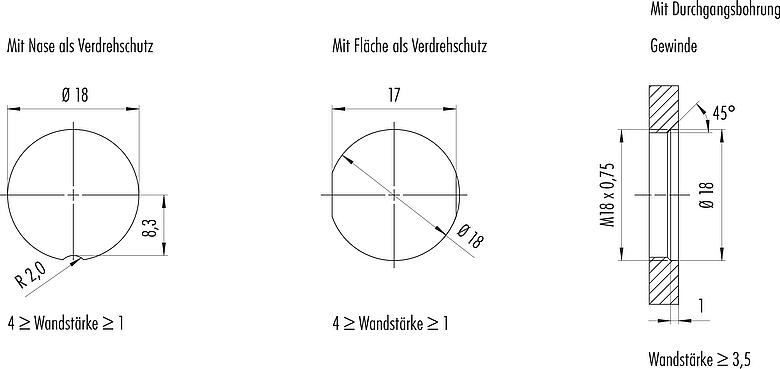 Montageanleitung / Montageausschnitt M16 Flanschdose, Polzahl: 8, schirmbar, THR, IP67, M18x0,75, Rückwandmontage