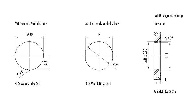 Montageanleitung / Montageausschnitt M16 Flanschdose, Polzahl: 8, schirmbar, THR, IP67, M18x0,75, Rückwandmontage