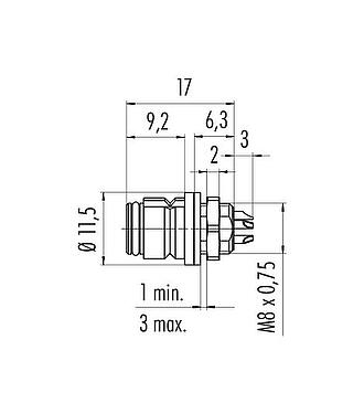 Dessin coté Snap-In Embase femelle, Contacts: 3, non blindé, souder, IP67, UL 2238, M8x0,75, Montage frontal