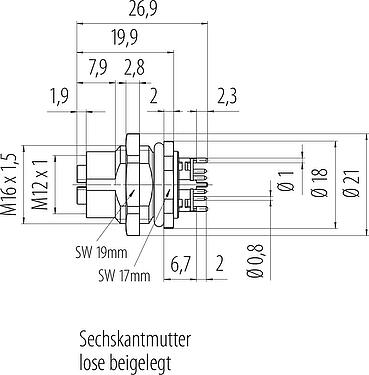 Maßzeichnung M12 Flanschdose, Polzahl: 8, schirmbar, THT, IP67, UL, M16x1,5, Rückwandmontage